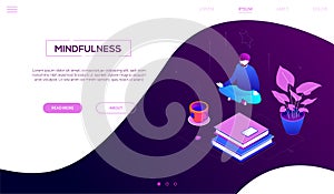 Meditation at work - modern colorful isometric vector web banner