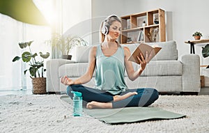 Meditation yoga, calm music and woman reading a book while listening to podcast on the living room floor of a house