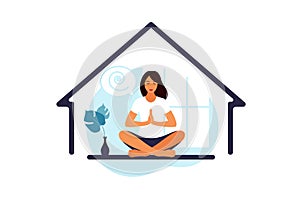 Meditation, yoga concept, relax, recreation, healthy lifestyle. Woman in lotus pose. Vector illustration