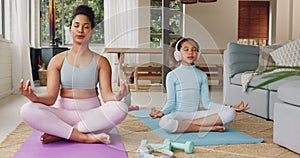 Meditation, yoga and mother with girl in living room for exercise, pilates and training together at home. Family, love