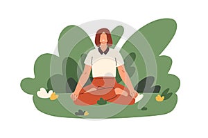 Meditation, yoga in nature. Woman meditating in zen pose, relaxing in lotus asana. Peaceful person sitting in yogi