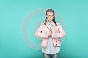 Meditation and yoga portrait of beautiful cute girl standing wit