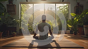 Meditation, young spiritual man meditating at home