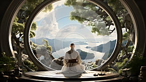 Meditation of a Zen Buddhist Monk, surrounded by a traditional japanese landscape.