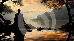 Meditation of a Zen Buddhist Monk, surrounded by a traditional japanese landscape.