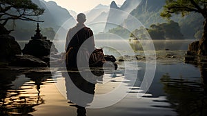 Meditation of a Zen Buddhist Monk, surrounded by a traditional japanese landscape.