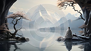 Meditation of a Zen Buddhist Monk, surrounded by a traditional japanese landscape.