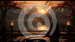 Meditation of a Zen Buddhist Monk, surrounded by a traditional japanese landscape.