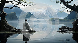 Meditation of a Zen Monk, surrounded by a traditional japanese landscape.