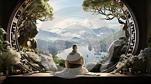 Meditation of a Zen Monk, surrounded by a traditional japanese landscape.