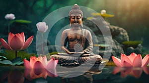 Meditation zen pose. Buddha sat in lotus flower floating on water surface.