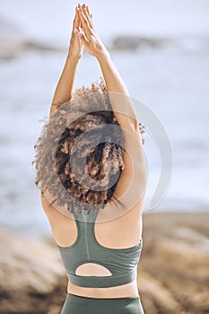 Meditation, zen and relax woman on beach for travel vacation or summer holiday. Yoga balance, peace and calm spiritual