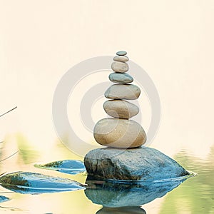 Meditative balance Zen stones placed harmoniously by the river