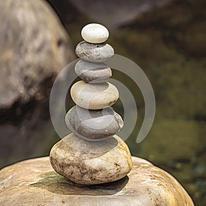 Meditative balance Zen stones placed harmoniously by the river