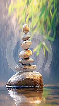 Meditative balance Zen stones placed harmoniously by the river