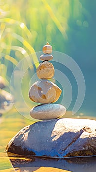 Meditative balance Zen stones placed harmoniously by the river