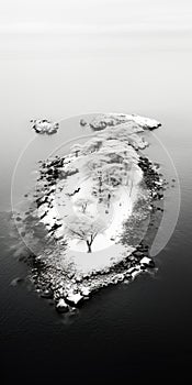 Meditative Black And White Aerial Photography Of Snow-covered Island