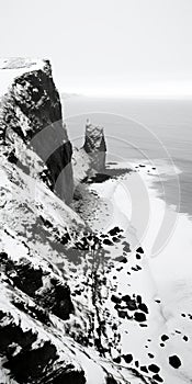 Meditative Black And White Aerial Photography Of Snowy Cliffs And Ocean