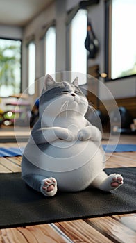 Meditative Cat on Yoga Mat. A charming gray and white cat sitting in a meditative pose on a yoga mat