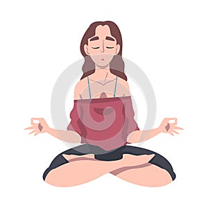 Meditative Female Engaged in Pranayama Practice Sitting in Lotus Position Vector Illustration
