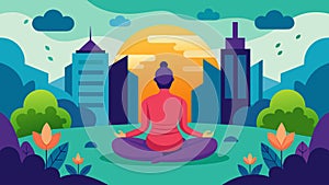 A meditative figure in a tranquil park surrounded by a chaotic urban skyline.. Vector illustration.
