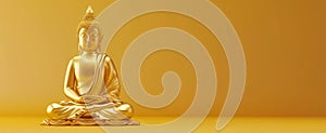 Meditative gold Buddha statue in lotus position on solid yellow background. Buddhist sculpture. Concept of Buddhism, Zen