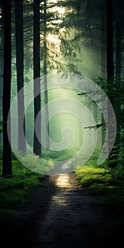 Meditative Green Sunrise: A Serene Journey Through The Foggy Woods