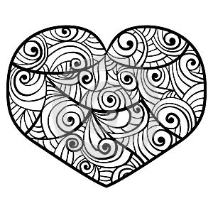 Meditative heart with fatty spirals, anti-stress coloring page for Valentine\'s Day