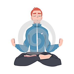 Meditative Male Engaged in Pranayama Practice Sitting in Lotus Position Vector Illustration