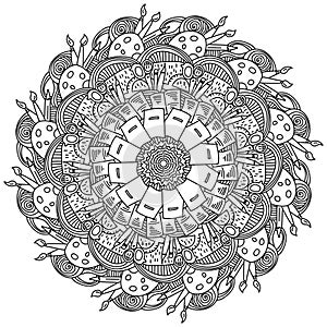 Meditative mandala on the theme of education and creativity, coloring page with zen patterns and objects