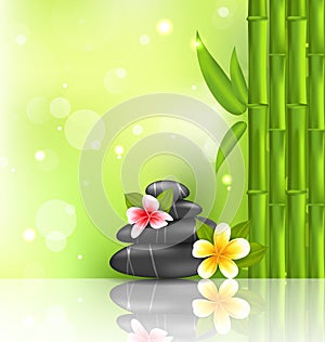 Meditative oriental background with frangipani, bamboo and heap