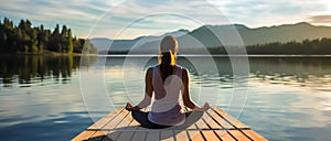 meditative woman on a pontoon on a lake, AI generated