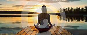 meditative woman on a pontoon at sunrise, AI generated