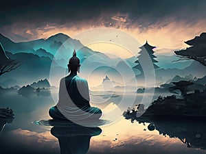 Meditative zen buddha sitting at a pond in a mystical landscape