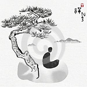 The meditator meditates under pine tree on mountains, Chinese characters mean enjoy Zen