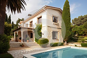 mediteranean house exterior with garden and swimming pool
