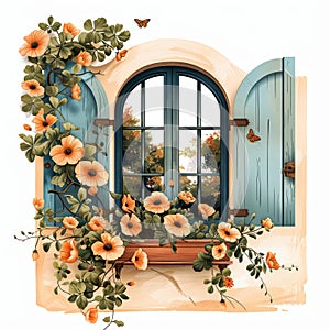 Mediteranean window with flowers comic style