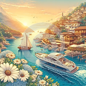 A mediteranian village on sunset view, sailing boats, flower, summer time, Japanese cartoon style art photo