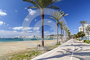 Mediterranean beach, Beach S Arenal, town of Sant Antoni, Ibiza