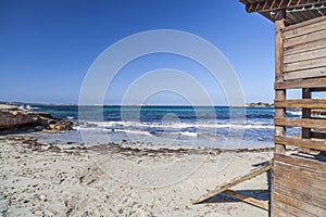 Mediterranean beach, Es Calo des Moro, town of Sant Antoni, Ibiza island,Spain.