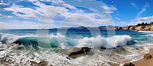 Mediterranean beach panoramic seascape with surf waves under blue sunny sky and clouds, generative AI
