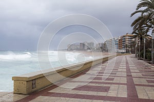 Mediterranean beach winter storm day in Costa Brava,Blanes,Catalonia,Spain.