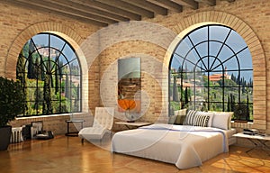 mediterranean bedroom wiyh big round windows