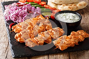 Mediterranean Chicken Kebab with Vegetables, Yogurt Sauce and Pita Bread closeup. horizontal