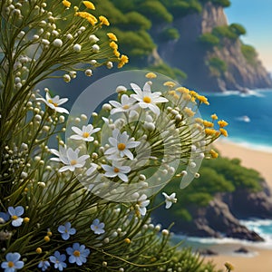 mediterranean coast and sea view on the coast to the sea trees pines little wild flowers sunrise gen ai