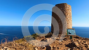 Mediterranean coastal landscape. Historic Torre Vigia De Cerro Gordo, a watchtower looking out for any marauding pirates