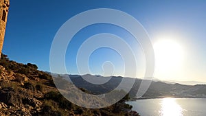 Mediterranean coastal landscape. Historic Torre Vigia De Cerro Gordo, a watchtower looking out for any marauding pirates