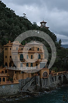 Mediterranean colourful luxury villa with an amazing view over the beautiful bay in the evening. Portofino. Liguria