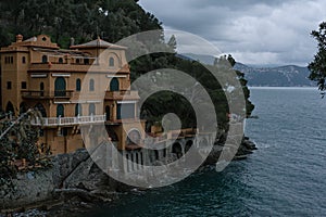 Mediterranean colourful luxury villa with an amazing view over the beautiful bay in the evening. Portofino. Liguria