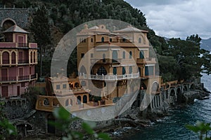 Mediterranean colourful luxury villa with an amazing view over the beautiful bay in the evening. Portofino. Liguria
